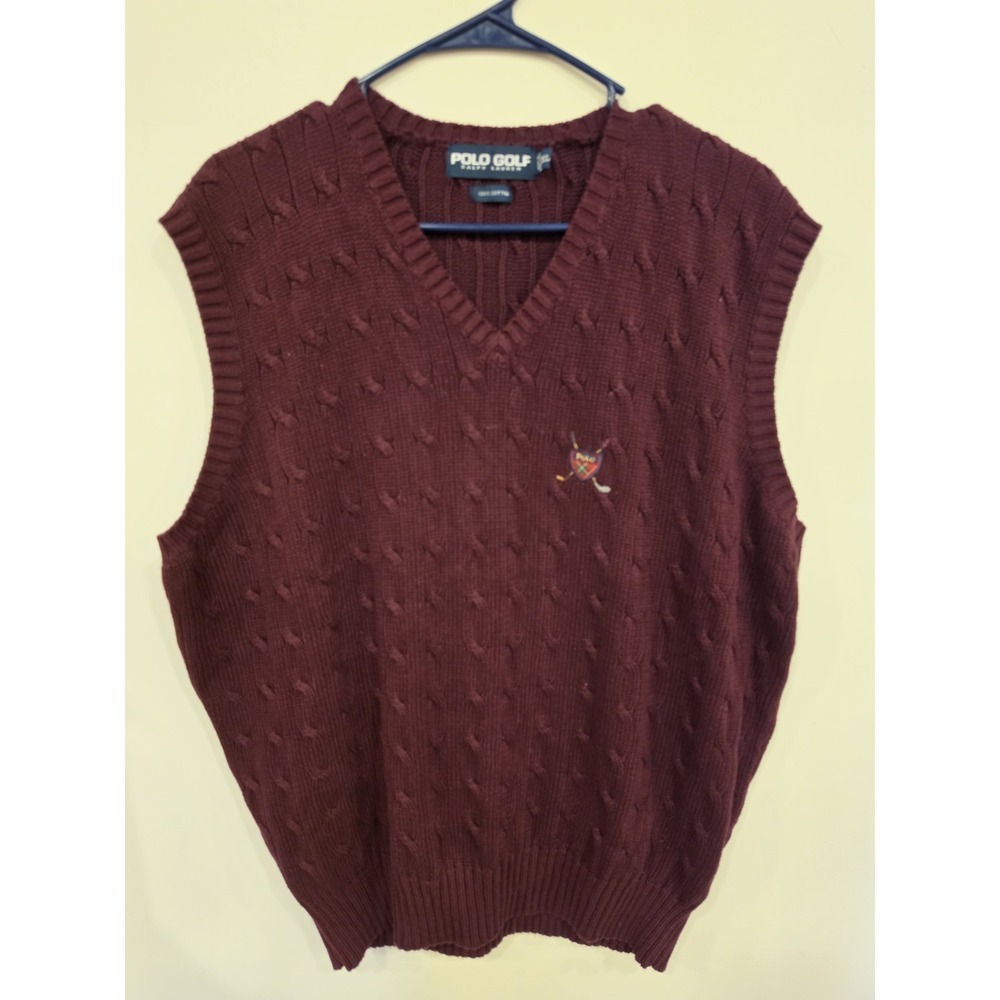 Polo Golf Ralph Lauren Cable Knit Sweater Vest Burgundy 100% Cotton XXL Men's